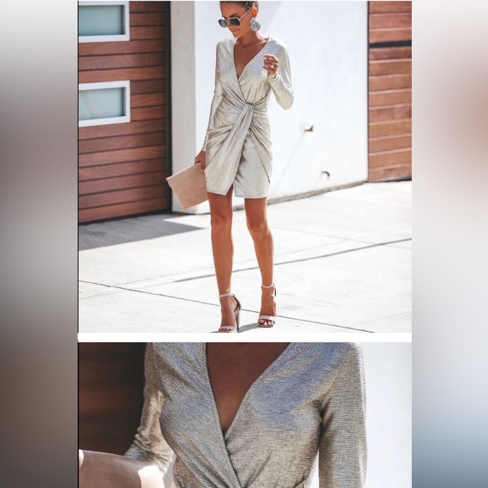 Vici Luminescent Long Sleeve Twist Front Silver Dress